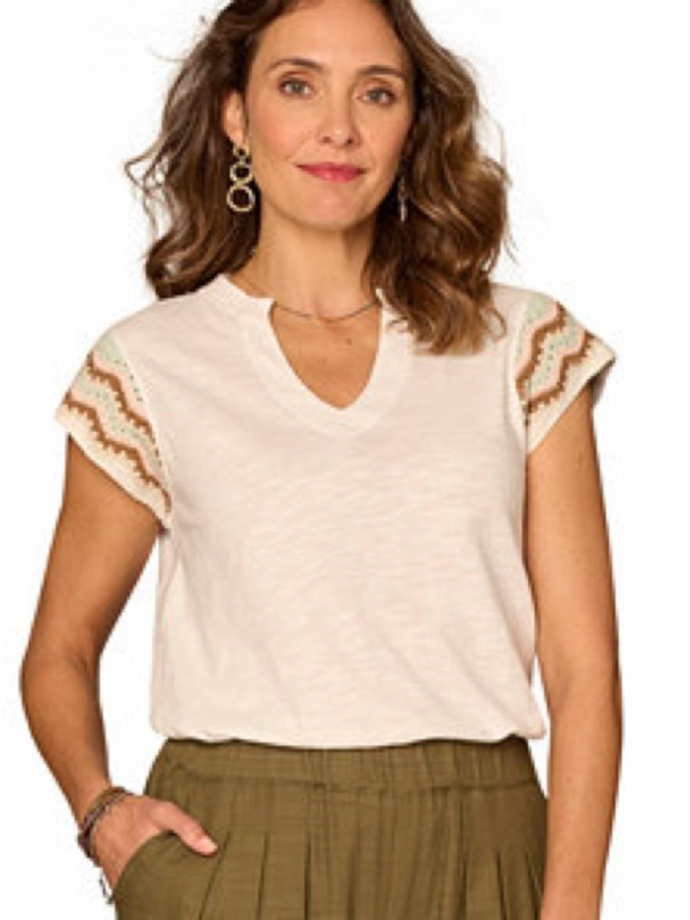 Democracy Multi Color Crochet Cap Sleeve Notched V-Neck Petite Knit Top Size PS